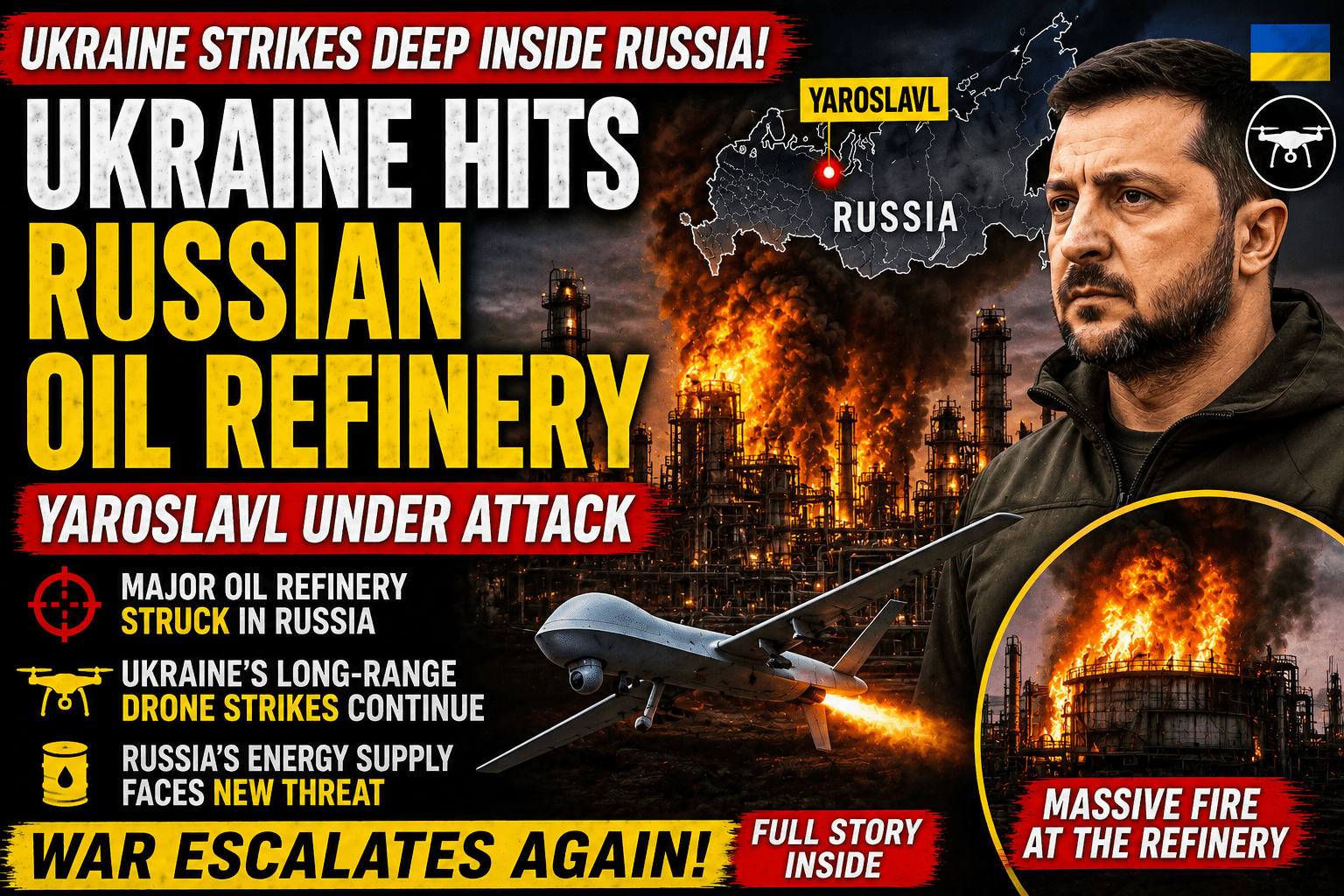 Ukraine Expands Drone War by Striking Russian Oil Refinery in Yaroslavl