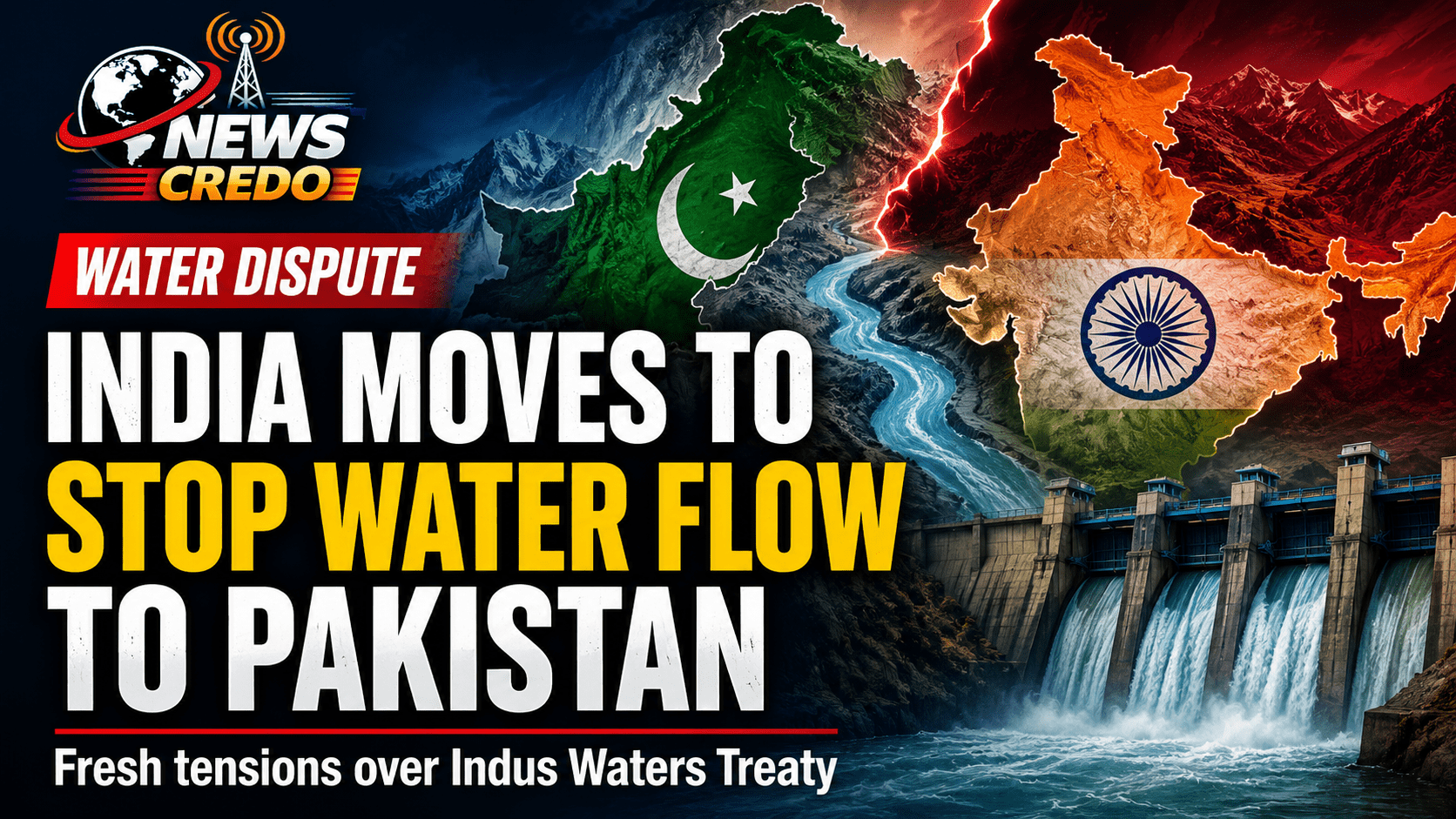 News thumbnail showing India-Pakistan water dispute with maps, river flow and dam imagery as tensions rise over the Indus Waters Treaty.