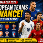FIFA World Cup 2026 knockout stage featuring European national teams advancing with the World Cup trophy and football players celebrating.