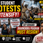 Indian students protest during nationwide demonstrations demanding education reforms and the resignation of Education Minister Dharmendra Pradhan.