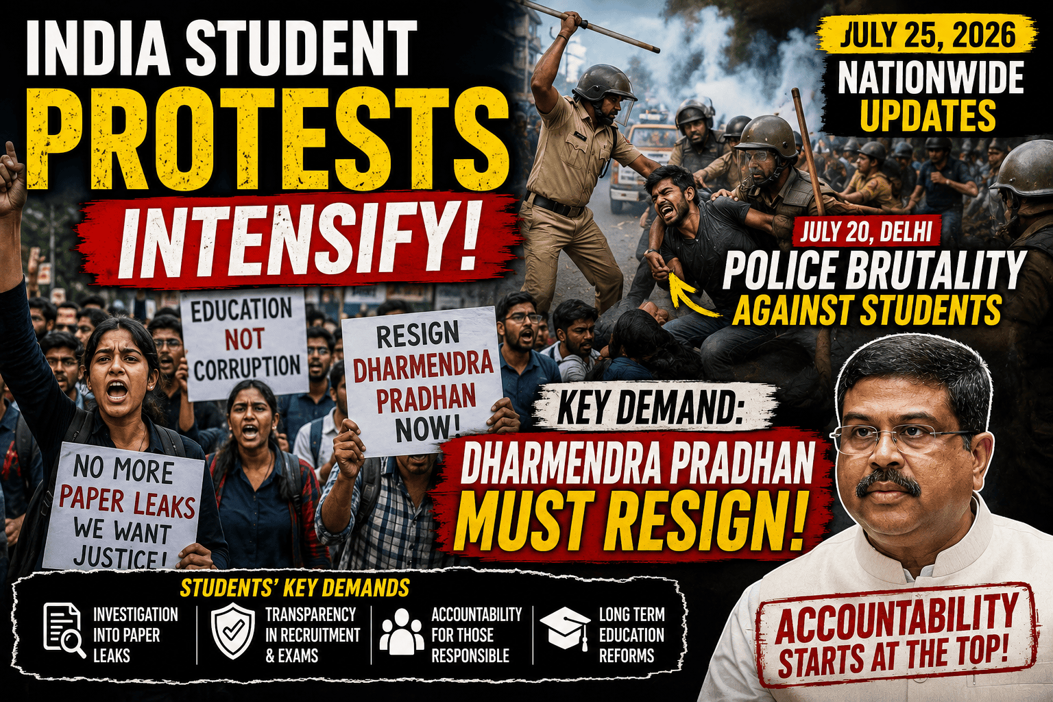 Indian students protest during nationwide demonstrations demanding education reforms and the resignation of Education Minister Dharmendra Pradhan.